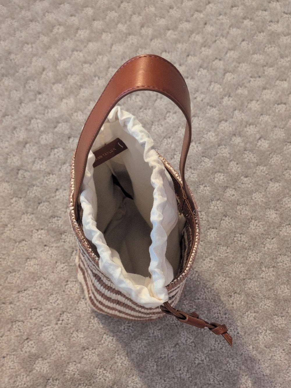 Ann Taylor Raffia, Leather Striped Bucket Bag drawstring Closure - Picture 12 of 12